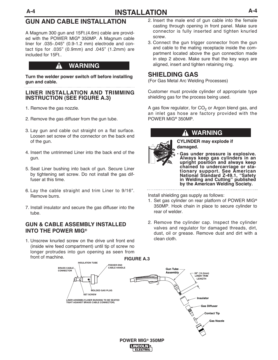 Installation, Gun and cable installation, Warning | Shielding gas, Gun & cable assembly installed into the power mig | Lincoln Electric IM10105 POWER MIG 350MP User Manual | Page 11 / 47