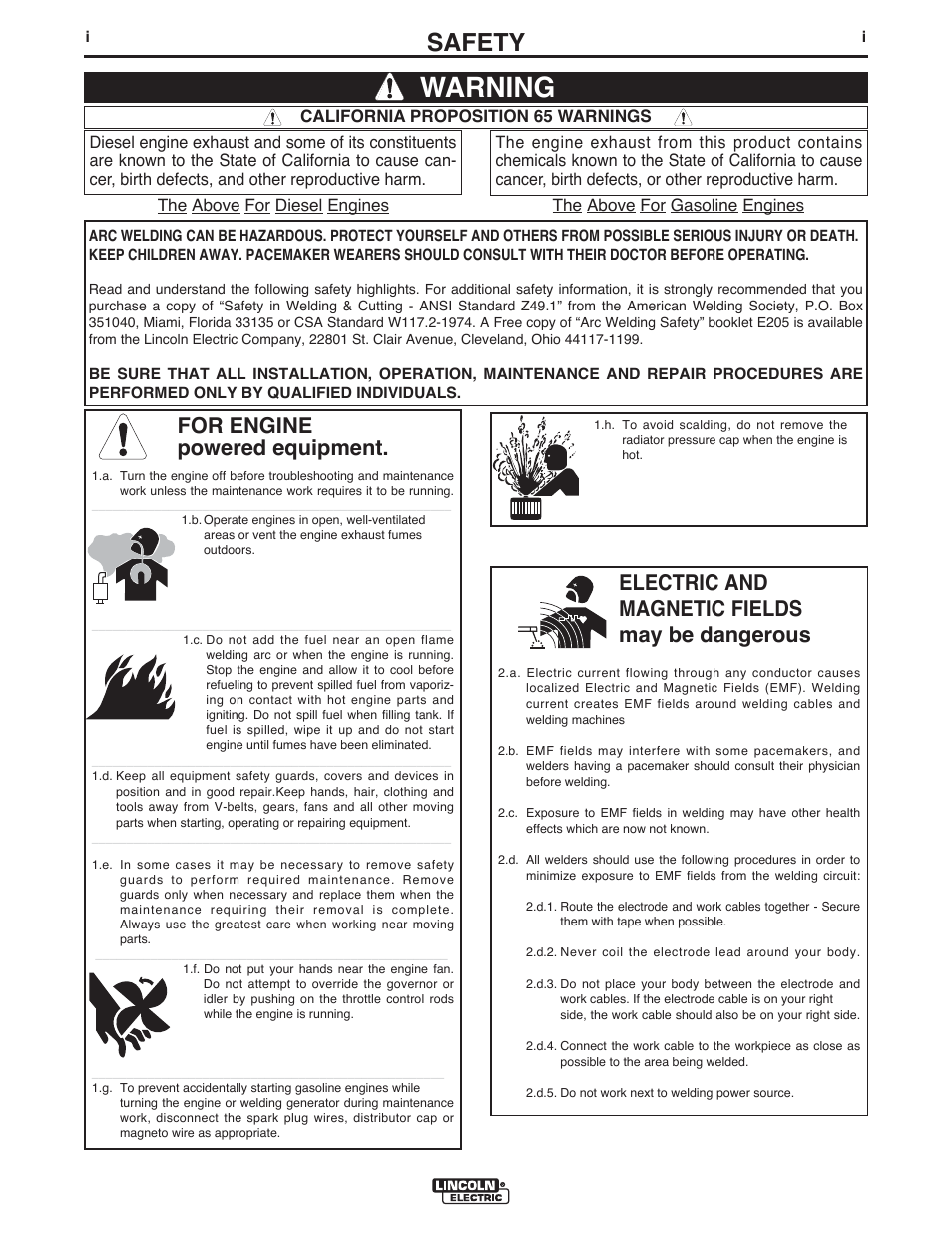 Warning, Safety, For engine powered equipment | Electric and magnetic fields may be dangerous | Lincoln Electric IM10105 POWER MIG 350MP User Manual | Page 2 / 47
