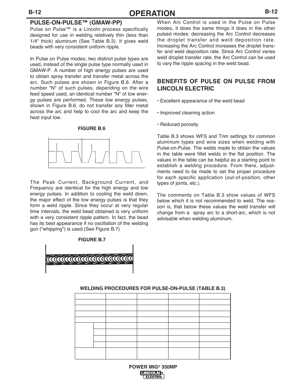 Operation, B-12, Pulse-on-pulse™ (gmaw-pp) | Benefits of pulse on pulse from lincoln electric, Power mig, 350mp, Figure b.6 figure b.7, Welding procedures for pulse-on-pulse (table b.3) | Lincoln Electric IM10105 POWER MIG 350MP User Manual | Page 25 / 47