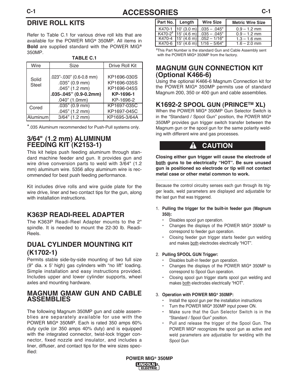 Accessories, Drive roll kits, K363p readi-reel adapter | Magnum gmaw gun and cable assemblies, Magnum gun connection kit (optional k466-6), Caution, Spool gun (prince | Lincoln Electric IM10105 POWER MIG 350MP User Manual | Page 27 / 47