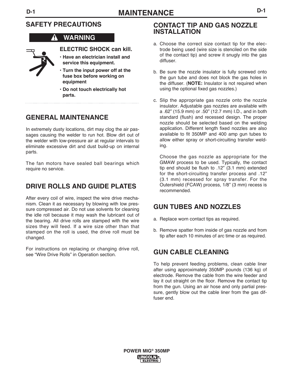 Maintenance, Contact tip and gas nozzle installation, Gun tubes and nozzles | Gun cable cleaning, Safety precautions, General maintenance, Drive rolls and guide plates, Warning | Lincoln Electric IM10105 POWER MIG 350MP User Manual | Page 29 / 47