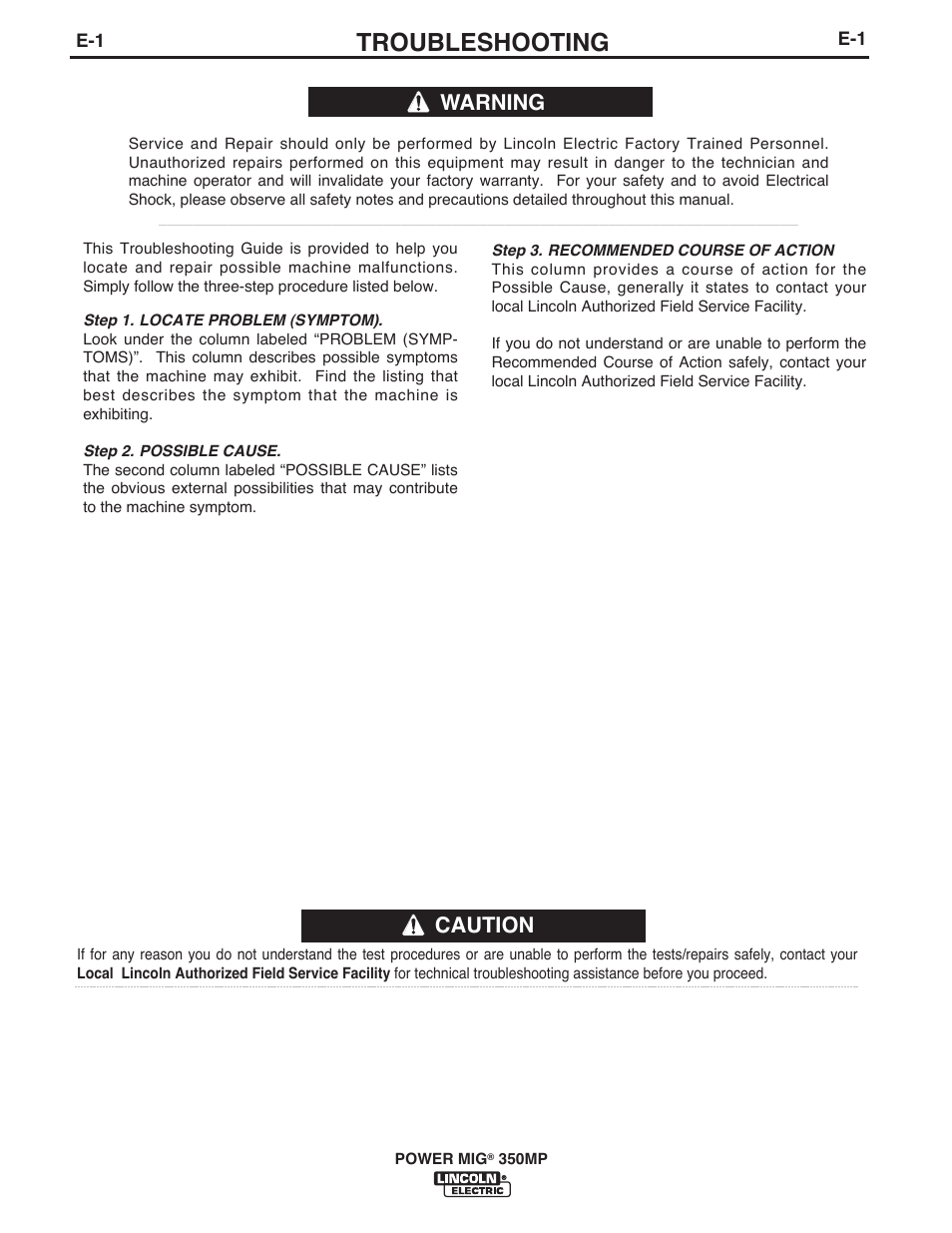 Troubleshooting, Caution, Warning | Lincoln Electric IM10105 POWER MIG 350MP User Manual | Page 31 / 47