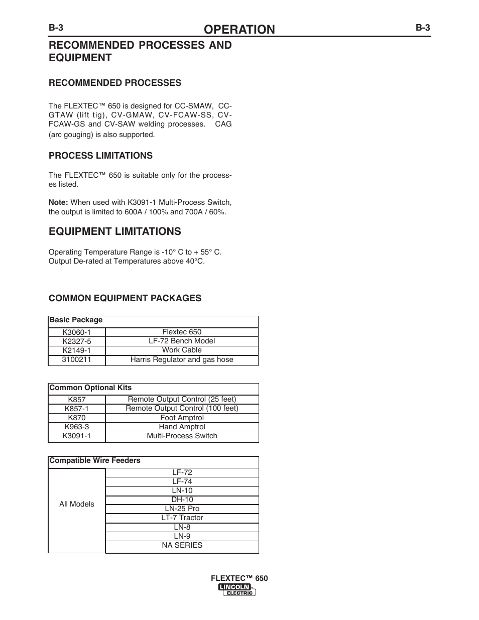 Operation, Recommended processes and equipment, Equipment limitations | Lincoln Electric IM10115 FLEXTEC 650 User Manual | Page 22 / 42