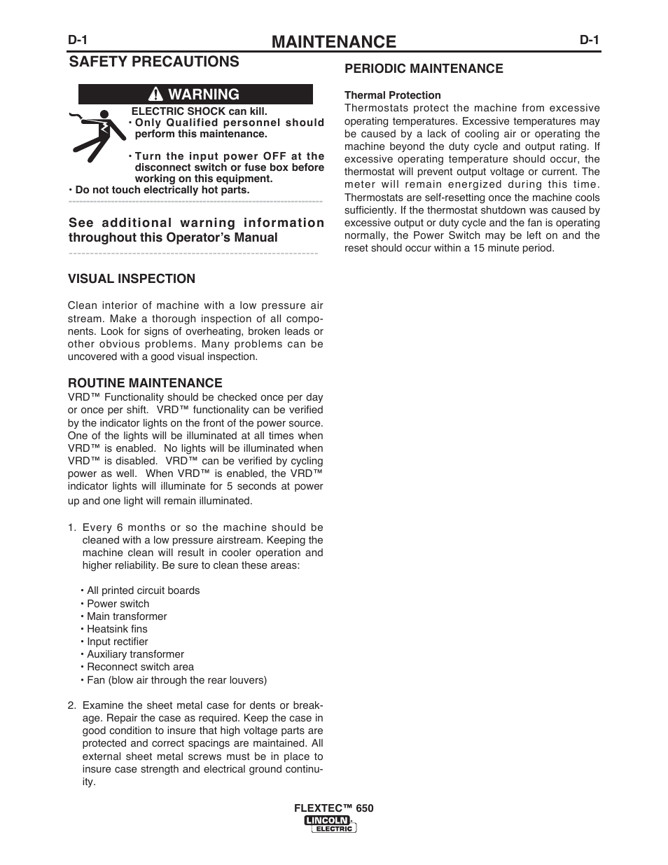 Maintenance, Safety precautions, Warning | Lincoln Electric IM10115 FLEXTEC 650 User Manual | Page 31 / 42