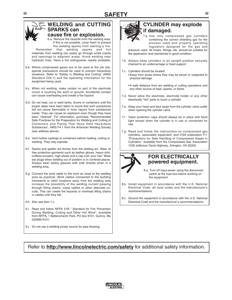 Safety, For electrically powered equipment, Cylinder may explode if damaged | Lincoln Electric IM10115 FLEXTEC 650 User Manual | Page 4 / 42