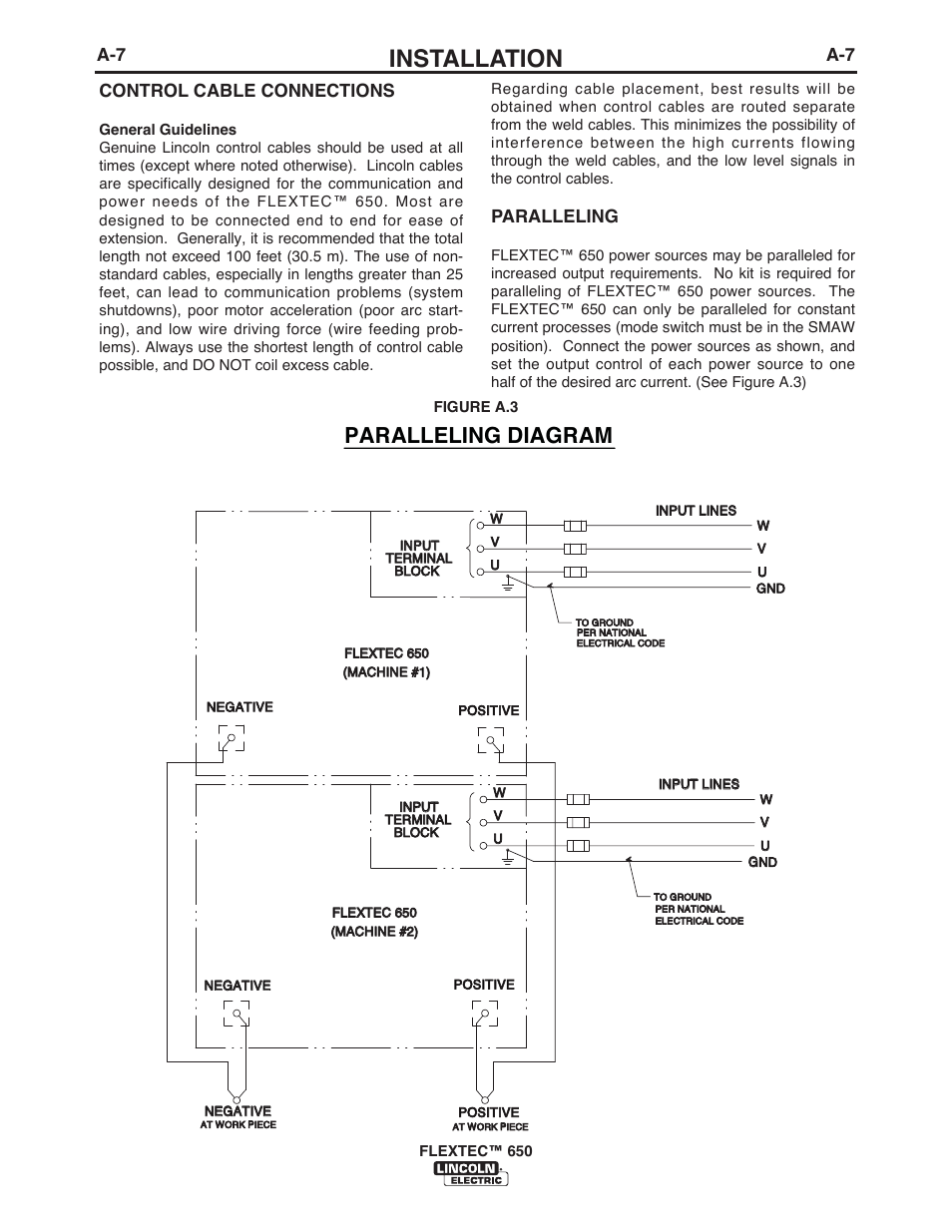 Installation, Paralleling diagram, A-7 control cable connections | Paralleling | Lincoln Electric IM10132 FLEXTEC 650 User Manual | Page 13 / 56