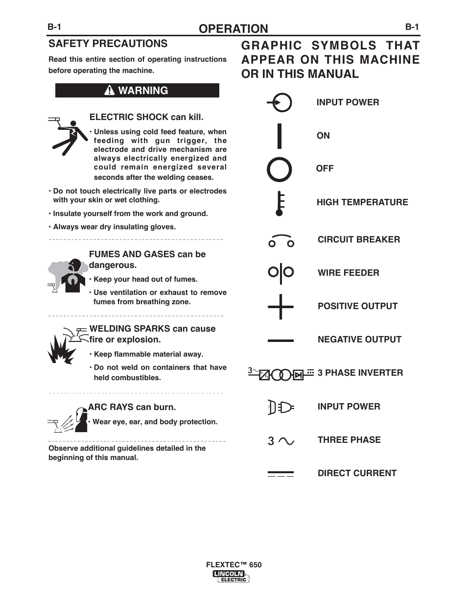 Operation, Safety precautions, Warning | Lincoln Electric IM10132 FLEXTEC 650 User Manual | Page 19 / 56