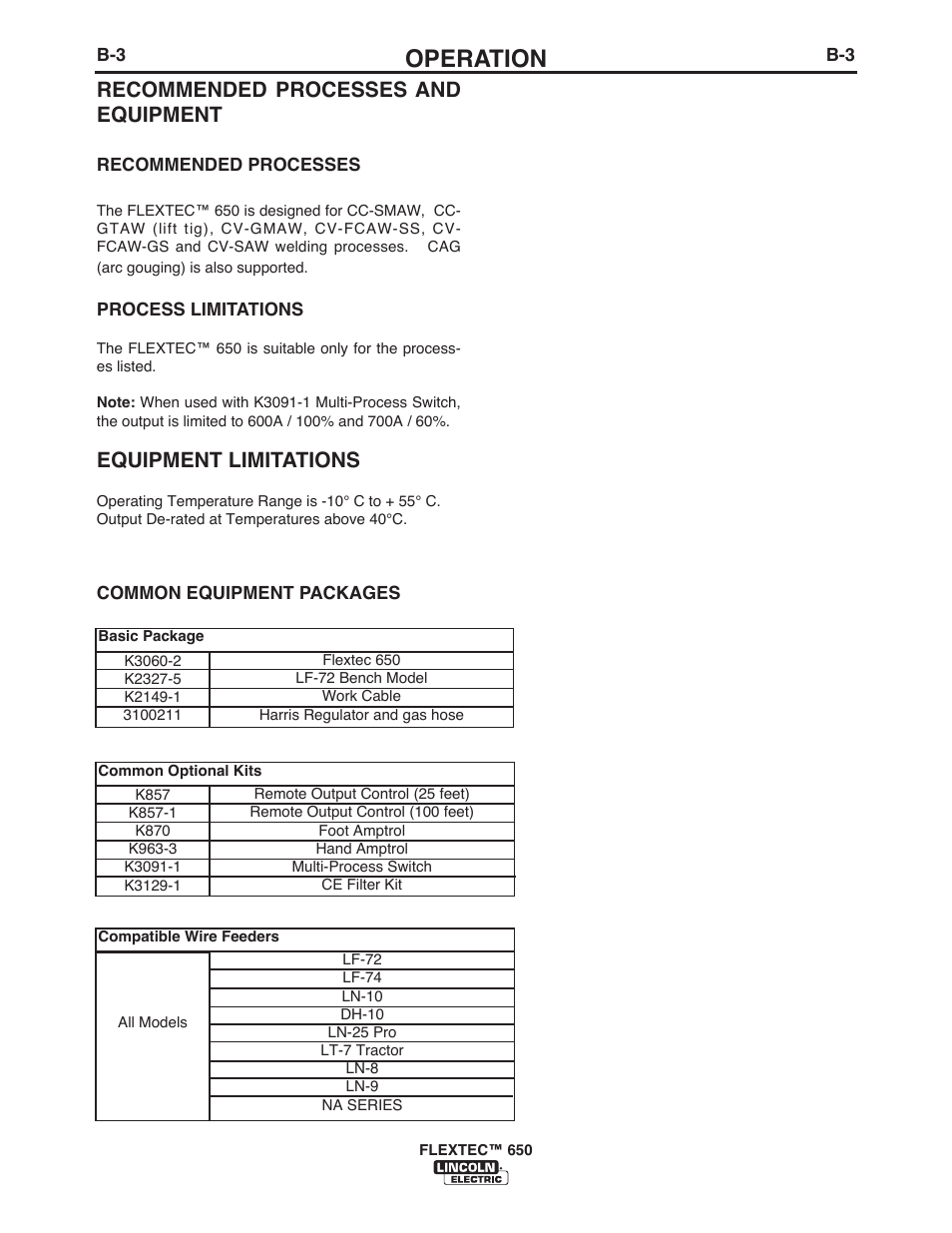 Operation, Recommended processes and equipment, Equipment limitations | Lincoln Electric IM10132 FLEXTEC 650 User Manual | Page 21 / 56