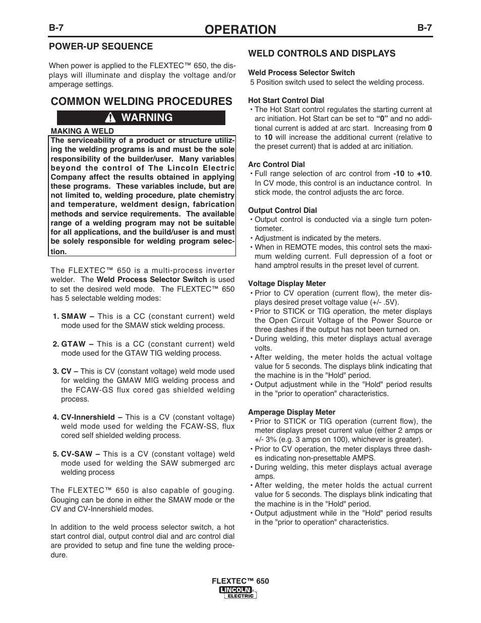 Operation, Common welding procedures, Warning | Lincoln Electric IM10132 FLEXTEC 650 User Manual | Page 25 / 56