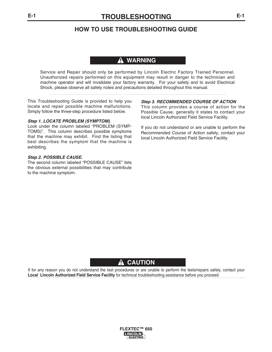 Troubleshooting, Caution, How to use troubleshooting guide | Warning | Lincoln Electric IM10132 FLEXTEC 650 User Manual | Page 31 / 56