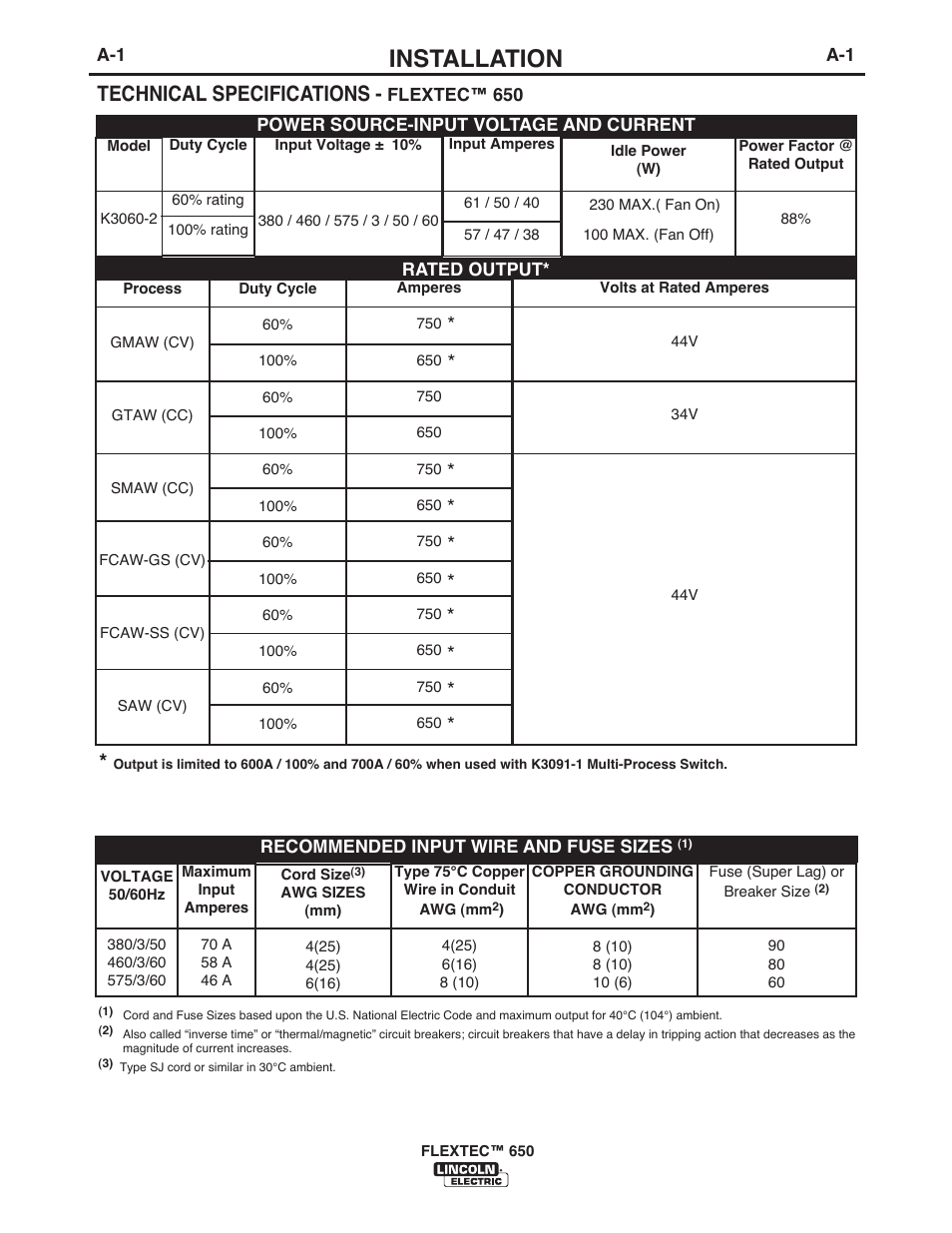 Installation, Technical specifications | Lincoln Electric IM10132 FLEXTEC 650 User Manual | Page 7 / 56