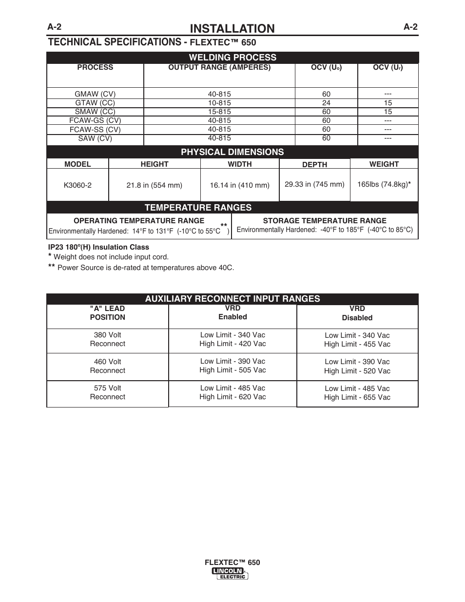 Installation, Technical specifications | Lincoln Electric IM10132 FLEXTEC 650 User Manual | Page 8 / 56