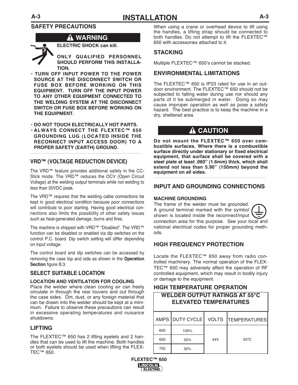 Installation, Warning, Caution | Lincoln Electric IM10132 FLEXTEC 650 User Manual | Page 9 / 56