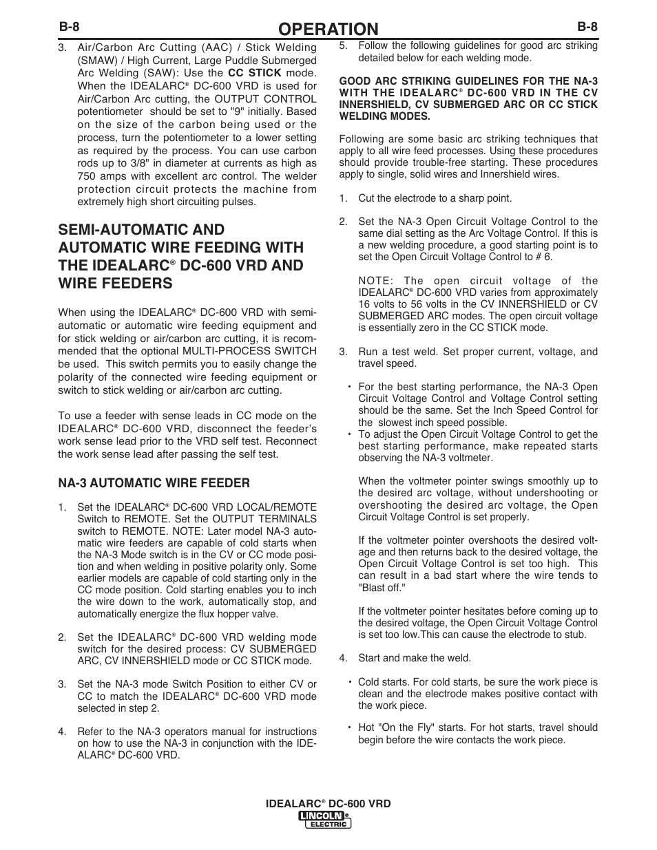 Operation, Dc-600 vrd and wire feeders, Na-3 automatic wire feeder | Lincoln Electric IM10018 IDEALARC DC-600 VRD User Manual | Page 22 / 55