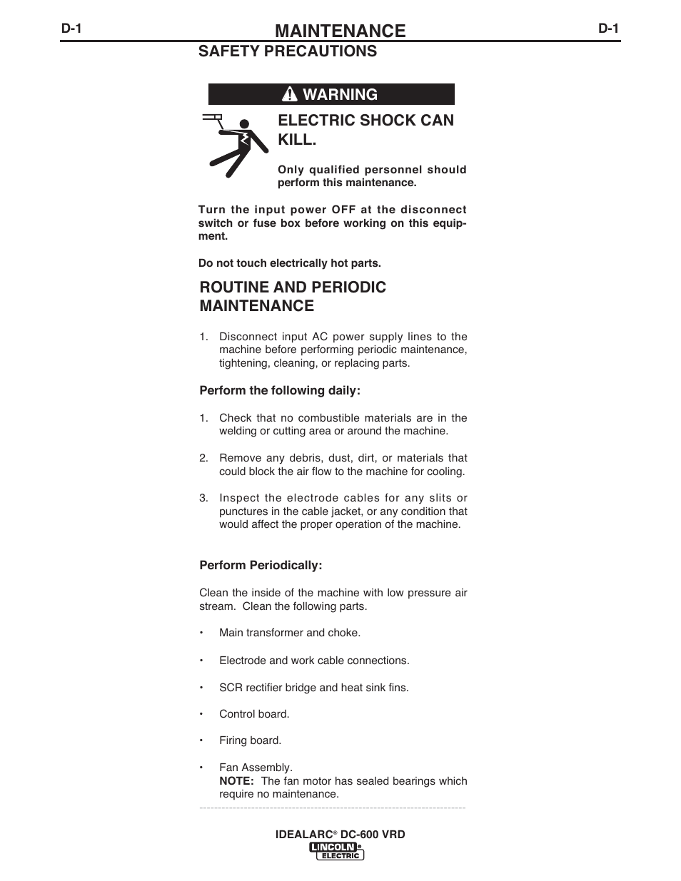 Maintenance, Routine and periodic maintenance, Safety precautions electric shock can kill | Warning | Lincoln Electric IM10018 IDEALARC DC-600 VRD User Manual | Page 27 / 55