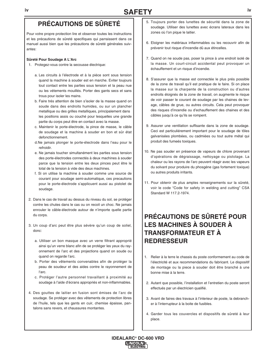 Safety, Précautions de sûreté | Lincoln Electric IM10018 IDEALARC DC-600 VRD User Manual | Page 5 / 55