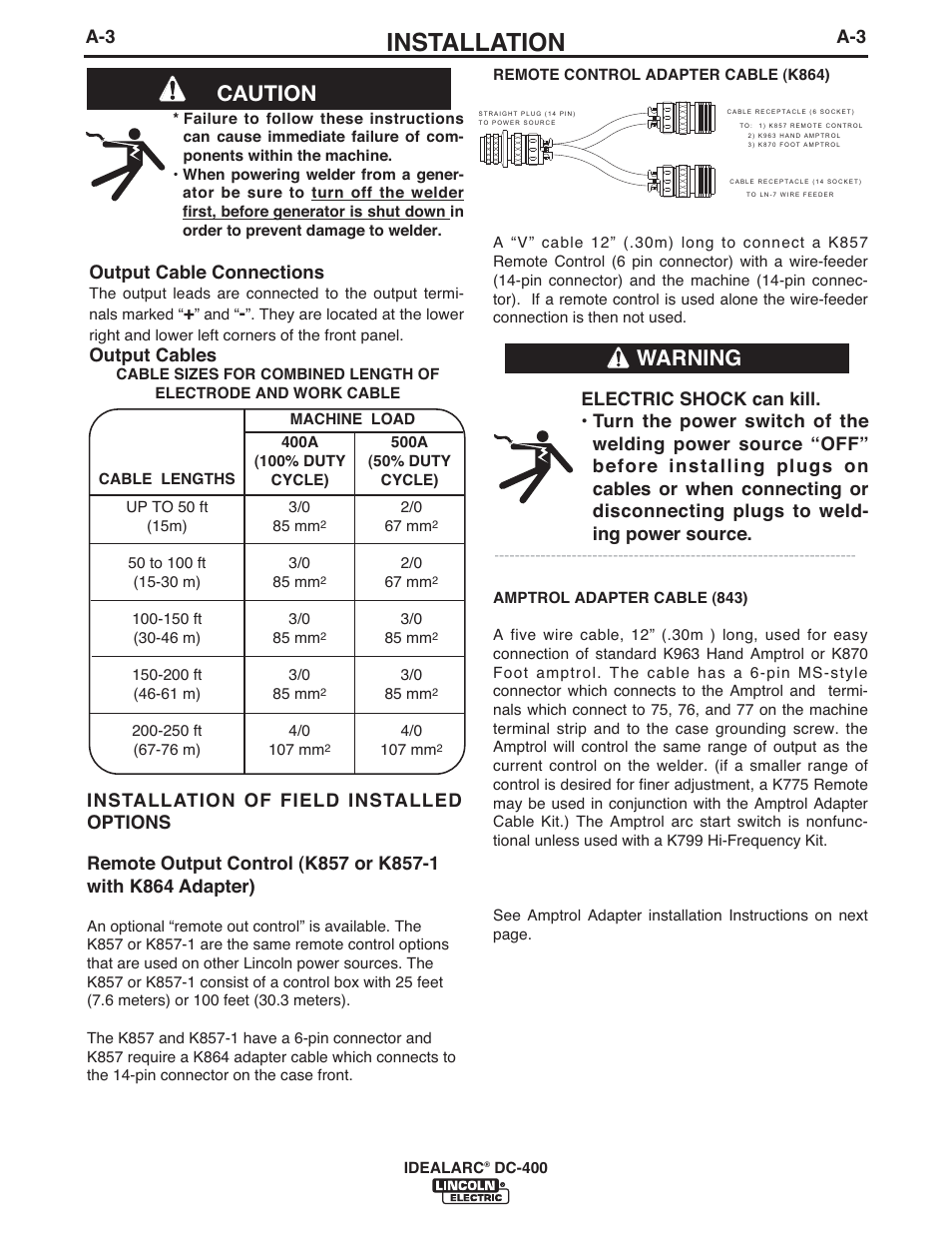 Installation, Warning, Caution | Output cable connections, Output cables | Lincoln Electric IM10107 IDEALARC DC-400 User Manual | Page 10 / 40