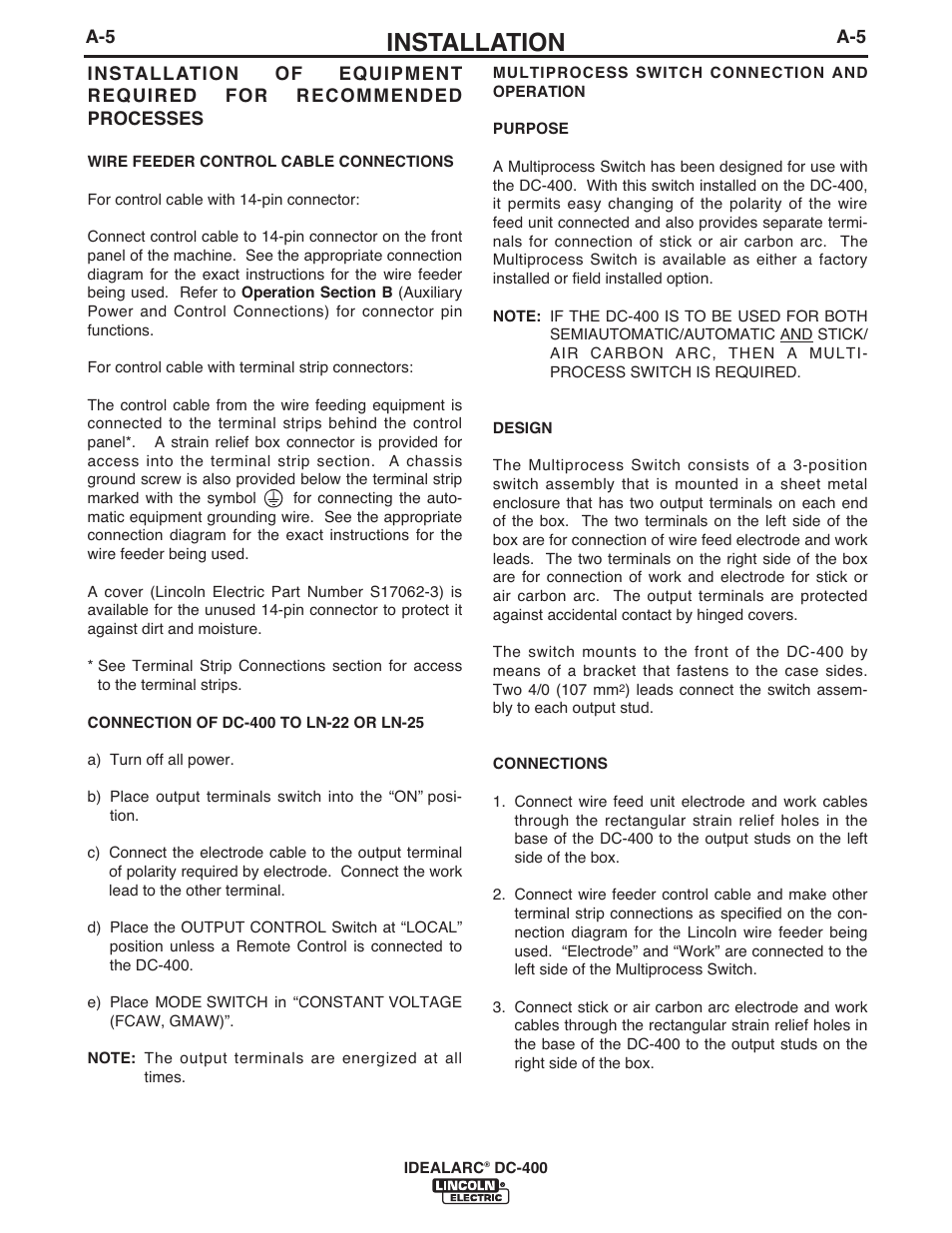 Installation | Lincoln Electric IM10107 IDEALARC DC-400 User Manual | Page 12 / 40