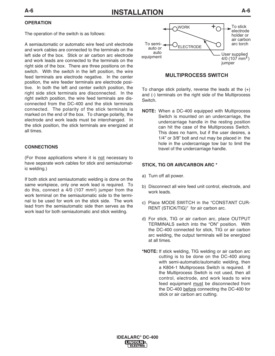 Installation | Lincoln Electric IM10107 IDEALARC DC-400 User Manual | Page 13 / 40