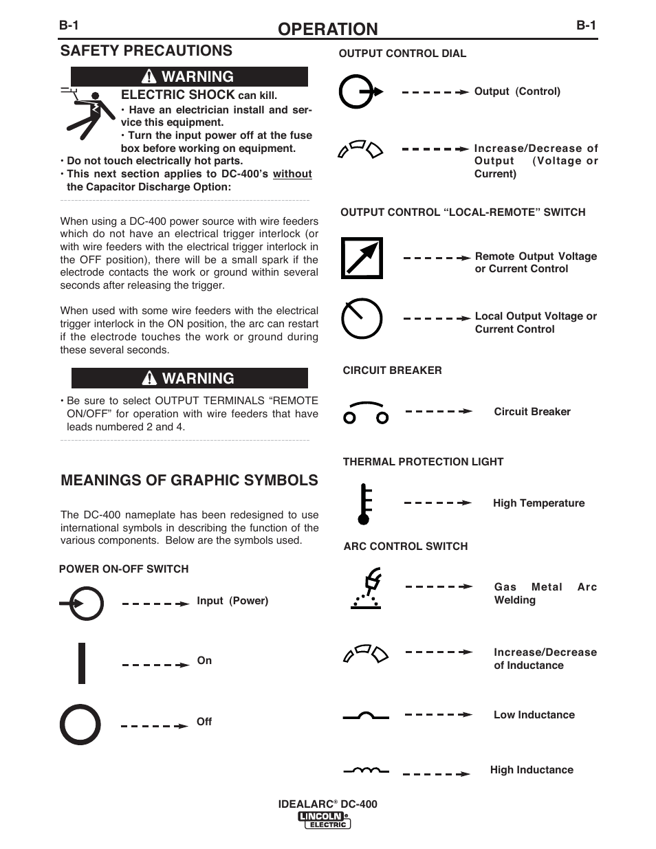 Operation, Safety precautions, Warning | Warning meanings of graphic symbols | Lincoln Electric IM10107 IDEALARC DC-400 User Manual | Page 14 / 40