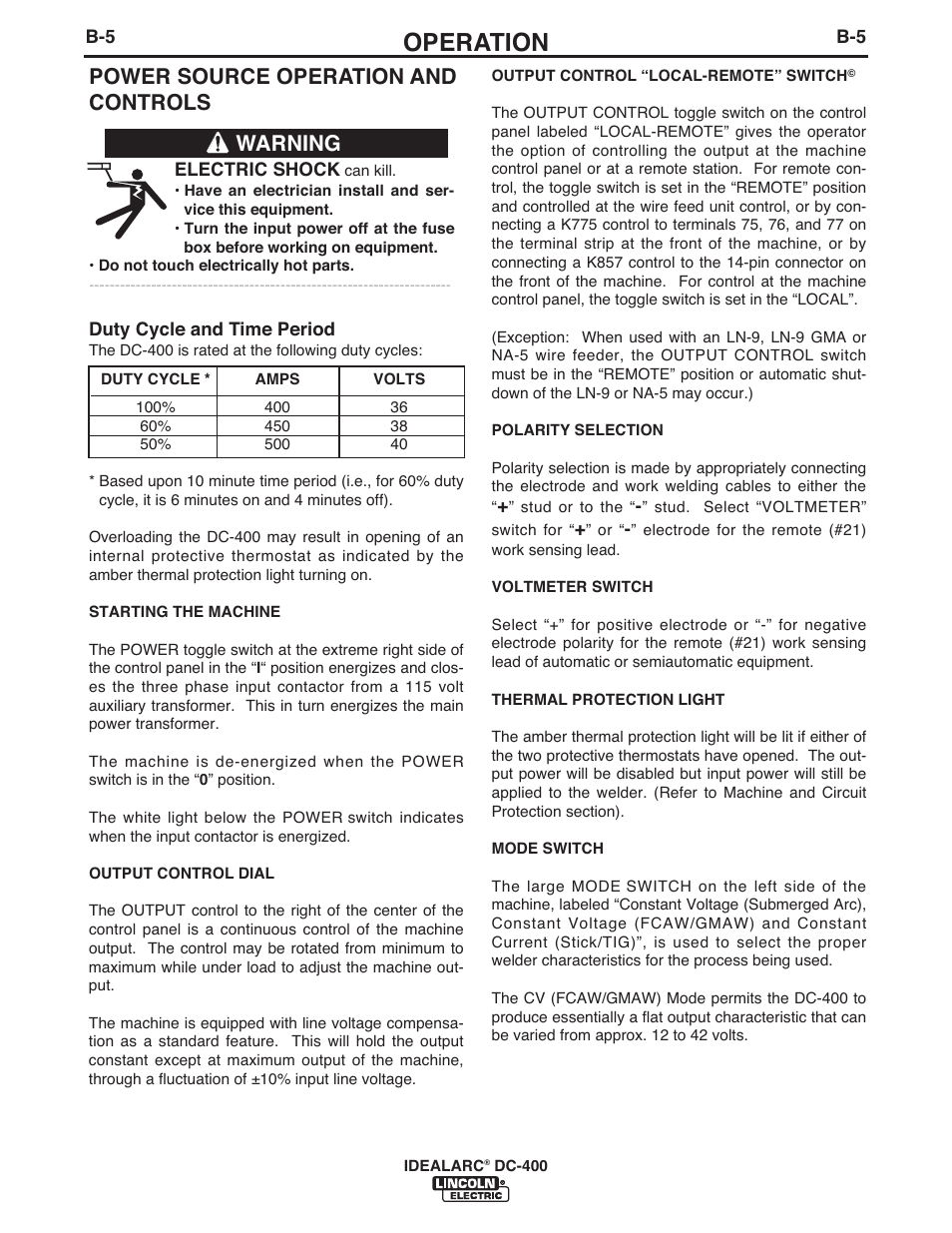 Operation, Power source operation and controls, Warning | Lincoln Electric IM10107 IDEALARC DC-400 User Manual | Page 18 / 40