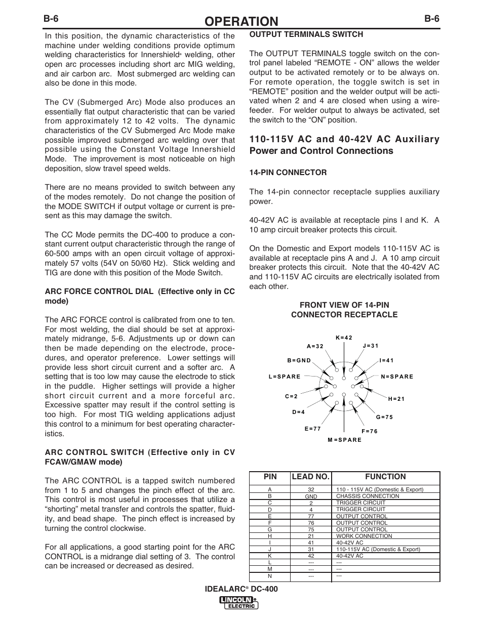 Operation | Lincoln Electric IM10107 IDEALARC DC-400 User Manual | Page 19 / 40