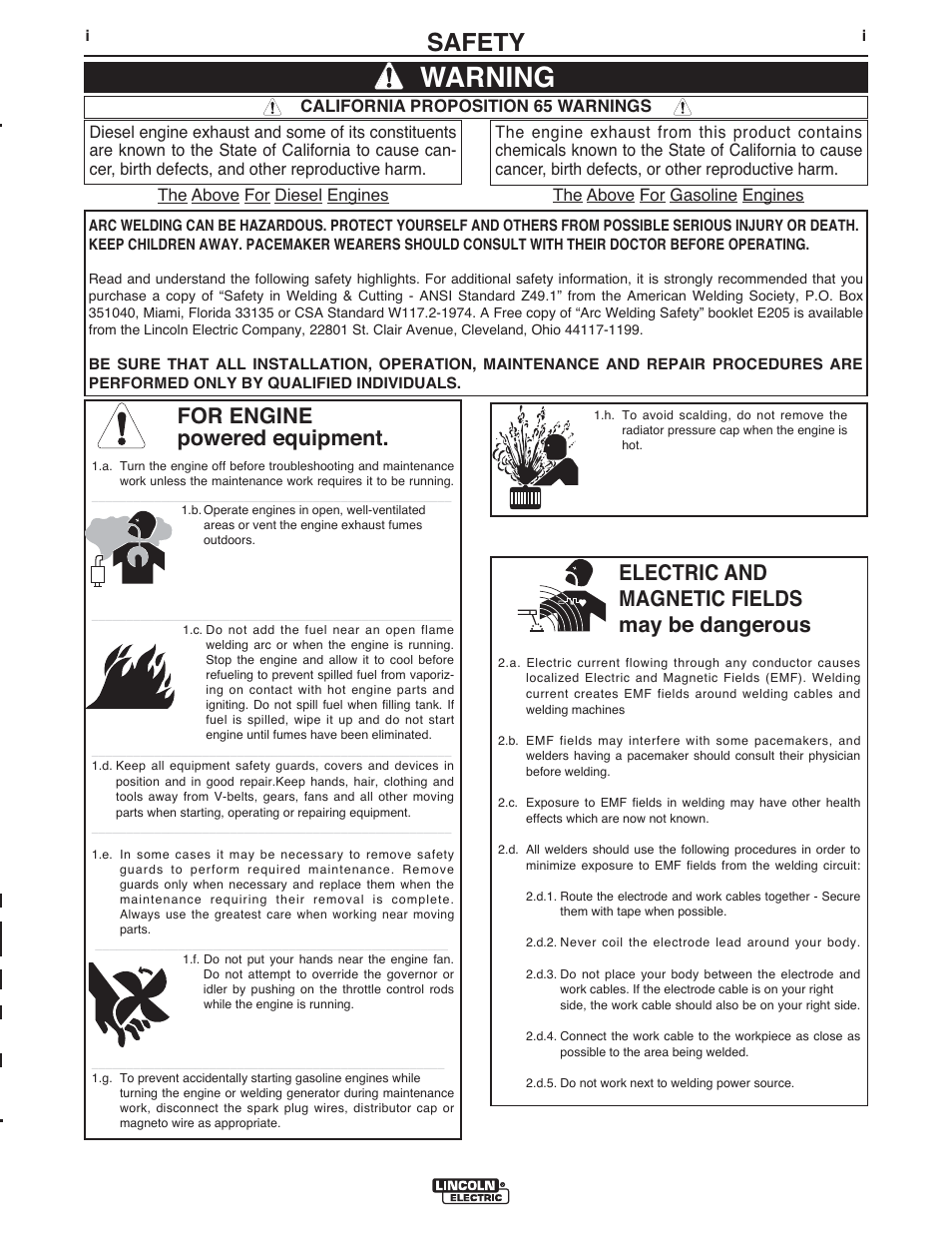 Warning, Safety, For engine powered equipment | Electric and magnetic fields may be dangerous | Lincoln Electric IM10107 IDEALARC DC-400 User Manual | Page 2 / 40