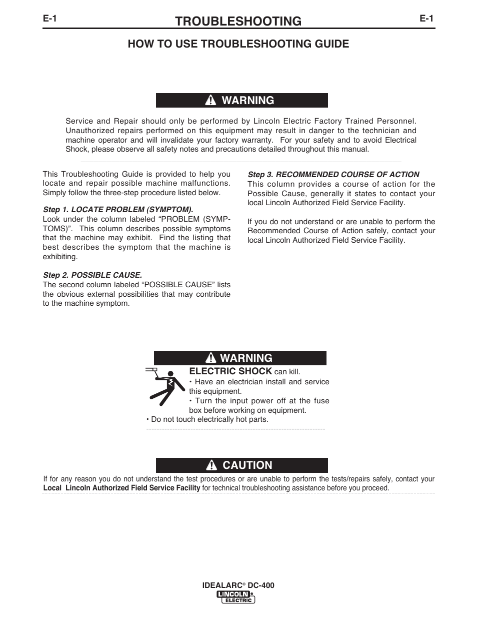 Troubleshooting, Caution, How to use troubleshooting guide | Warning | Lincoln Electric IM10107 IDEALARC DC-400 User Manual | Page 25 / 40