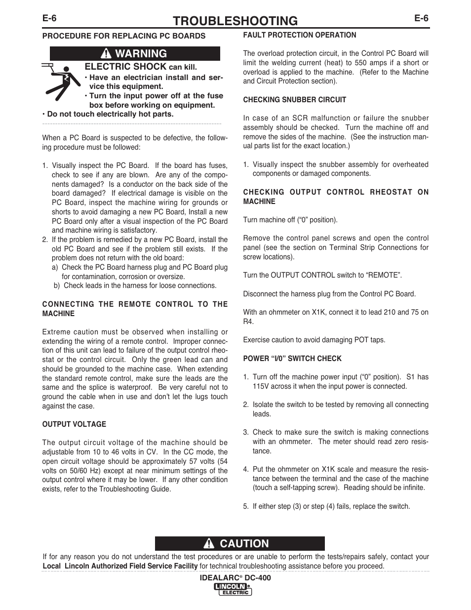 Troubleshooting, Caution, Warning | Lincoln Electric IM10107 IDEALARC DC-400 User Manual | Page 30 / 40