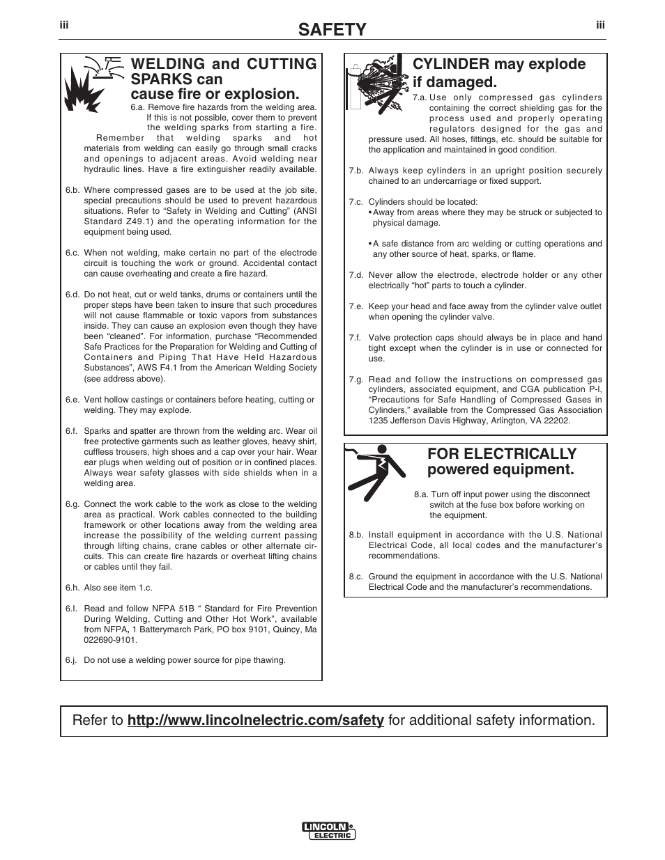 Safety, For electrically powered equipment, Cylinder may explode if damaged | Lincoln Electric IM10107 IDEALARC DC-400 User Manual | Page 4 / 40