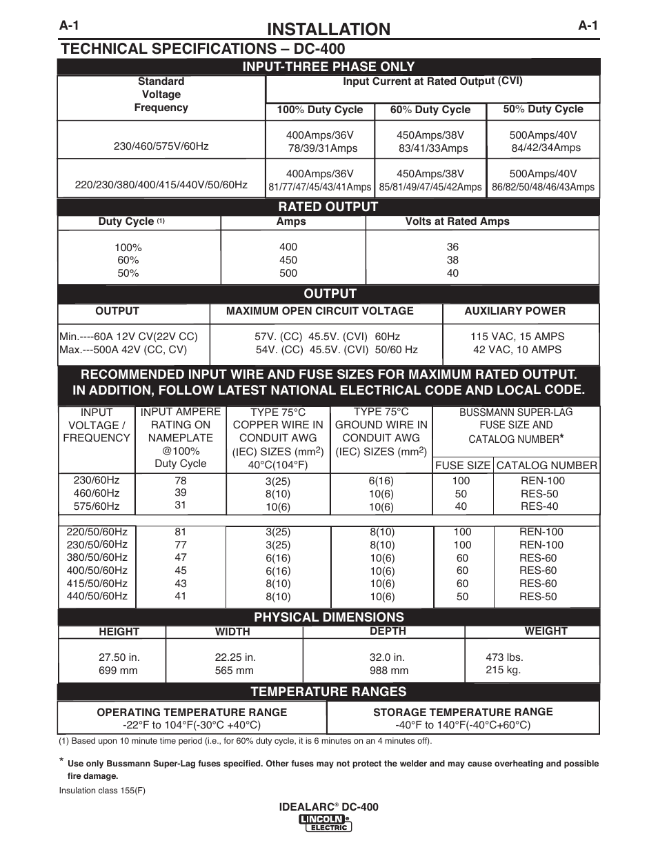 Installation, Technical specifications – dc-400 | Lincoln Electric IM10107 IDEALARC DC-400 User Manual | Page 8 / 40