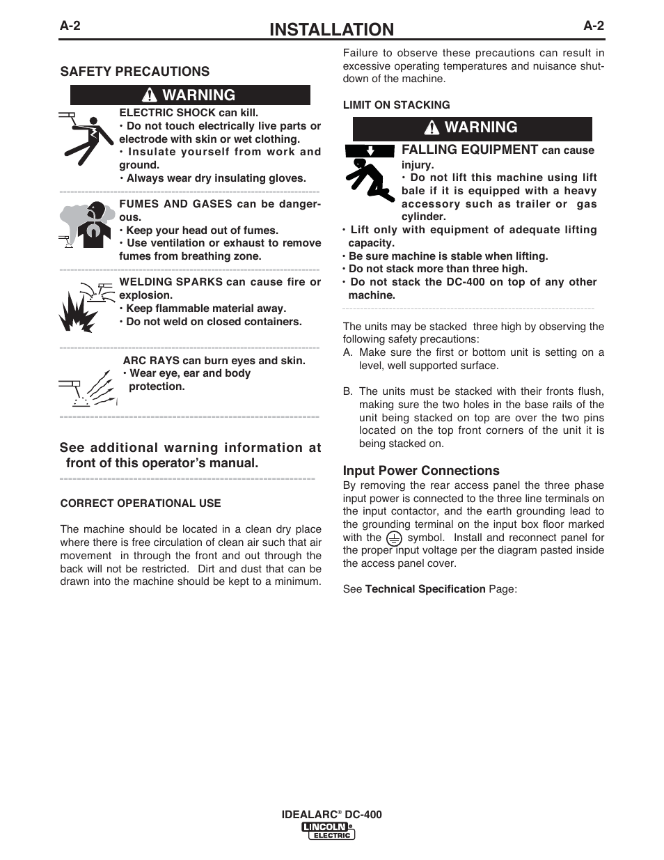 Installation, Warning | Lincoln Electric IM10107 IDEALARC DC-400 User Manual | Page 9 / 40