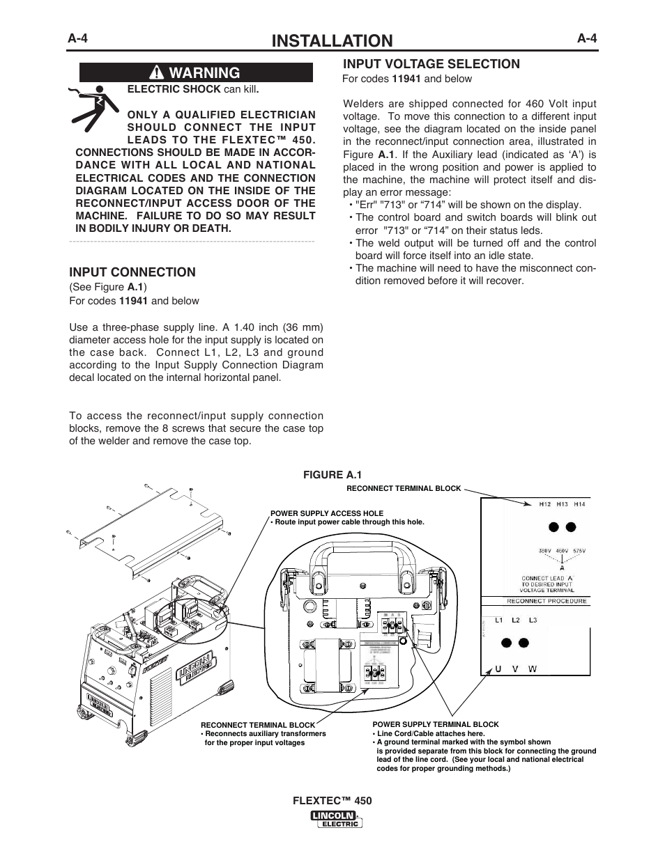 Installation, Warning | Lincoln Electric IM10062 FLEXTEC 450 User Manual | Page 10 / 72