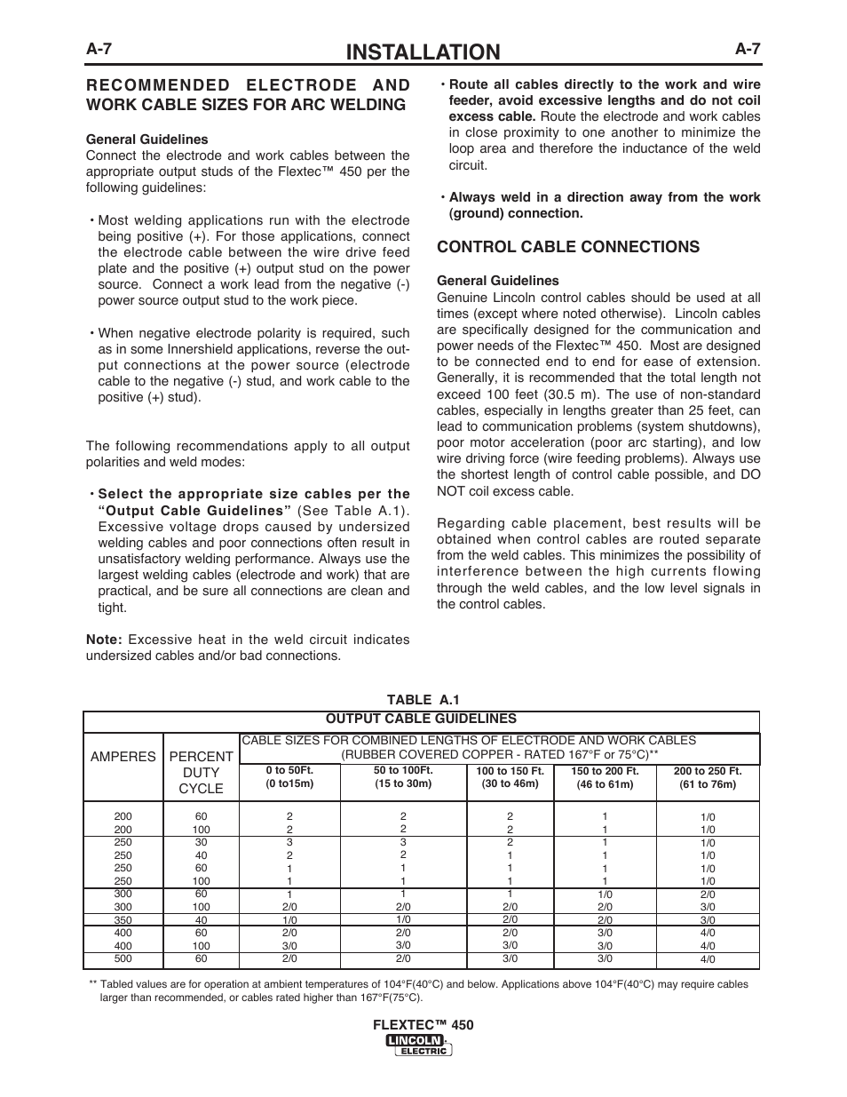 Installation, Control cable connections | Lincoln Electric IM10062 FLEXTEC 450 User Manual | Page 13 / 72