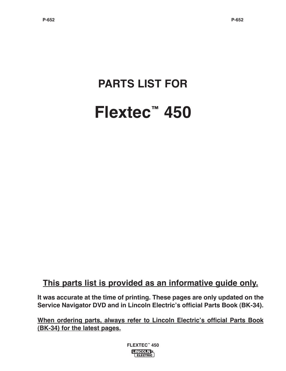 Flextec, Parts list for | Lincoln Electric IM10062 FLEXTEC 450 User Manual | Page 41 / 72