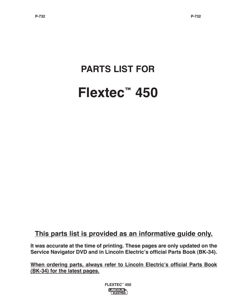 Flextec, Parts list for | Lincoln Electric IM10062 FLEXTEC 450 User Manual | Page 57 / 72
