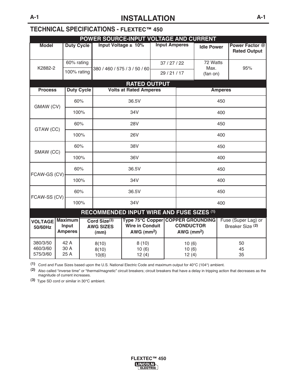 Installation, Technical specifications | Lincoln Electric IM10062 FLEXTEC 450 User Manual | Page 7 / 72