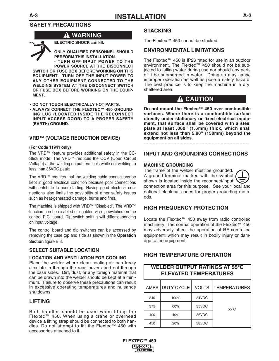 Installation, Warning, Caution | Lincoln Electric IM10062 FLEXTEC 450 User Manual | Page 9 / 72