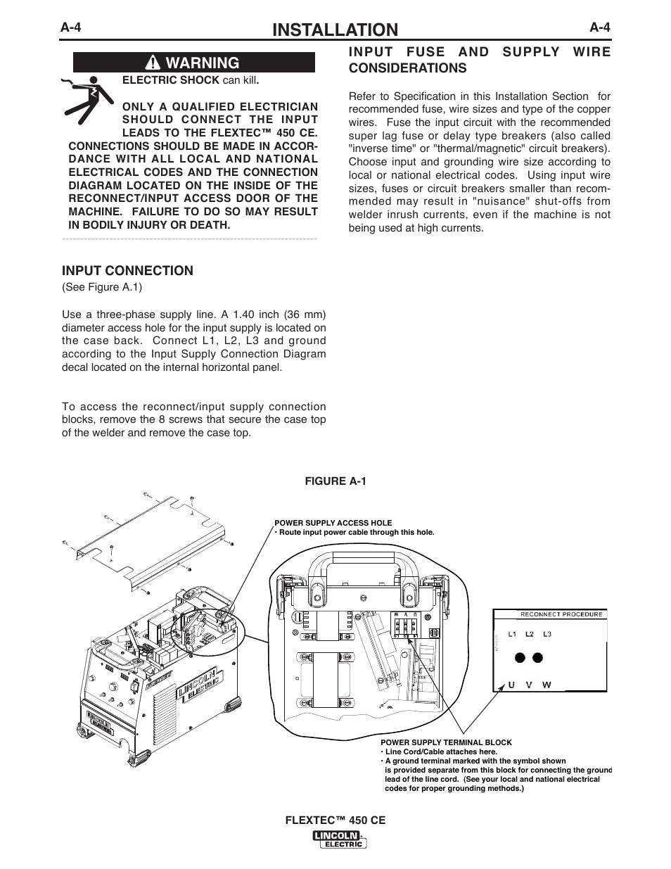 Installation, Warning | Lincoln Electric IM10091 FLEXTEC 450 CE User Manual | Page 11 / 40