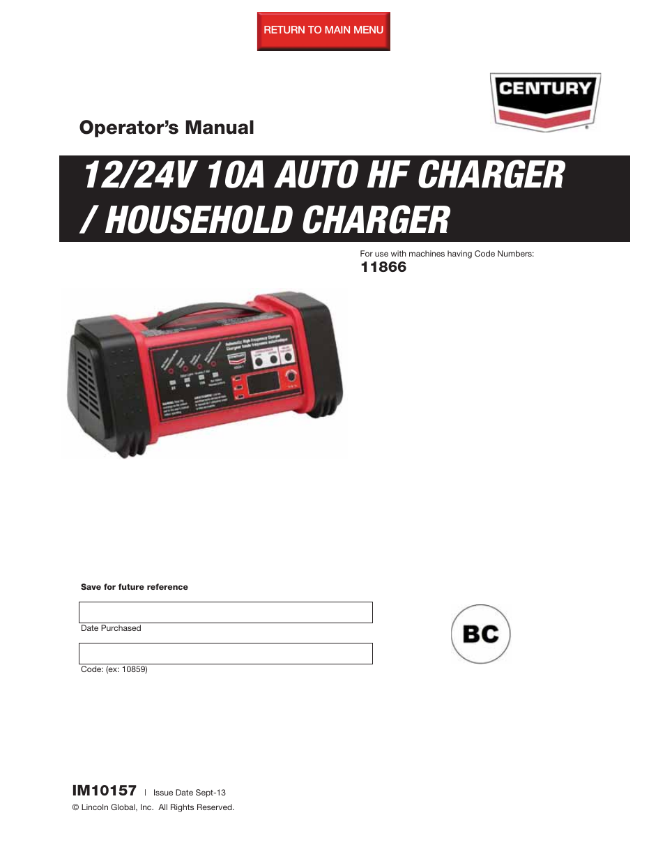 Lincoln Electric IM10157 12_24V 10A Auto HF Household Charger User Manual | 16 pages