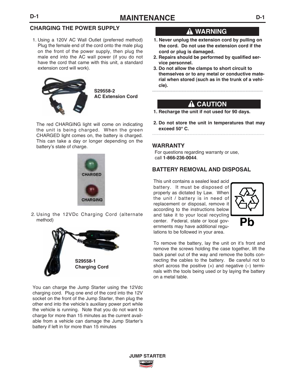 Maintenance, Caution, Warning | Lincoln Electric IM10139 JUMP STARTER User Manual | Page 8 / 12
