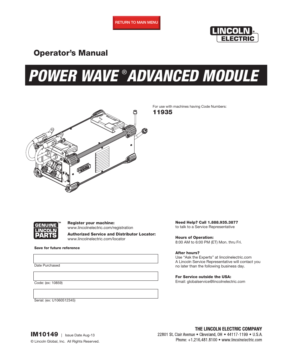 Lincoln Electric IM10149 POWER WAVE ADVANCED MODULE User Manual | 46 pages