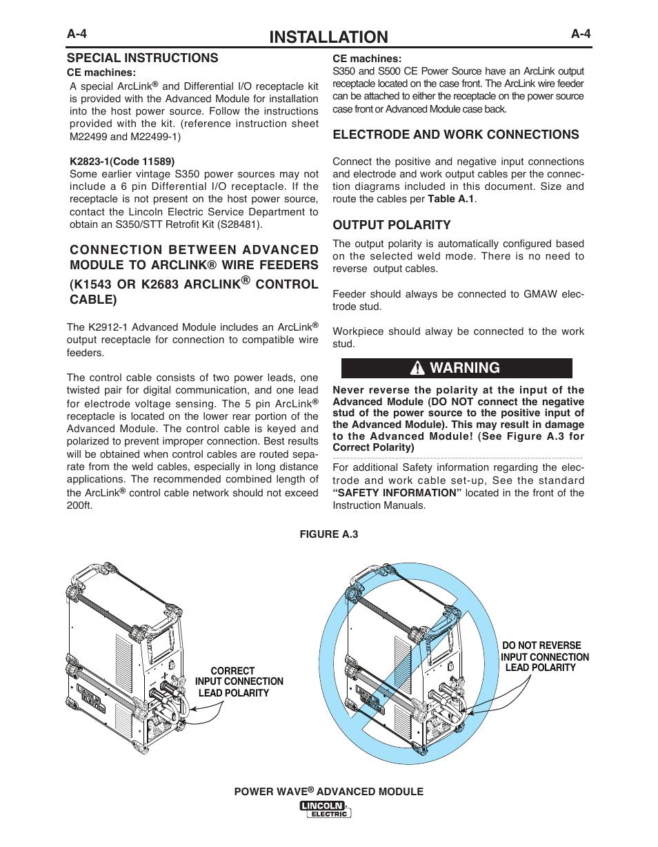 Installation, Warning | Lincoln Electric IM10149 POWER WAVE ADVANCED MODULE User Manual | Page 10 / 46