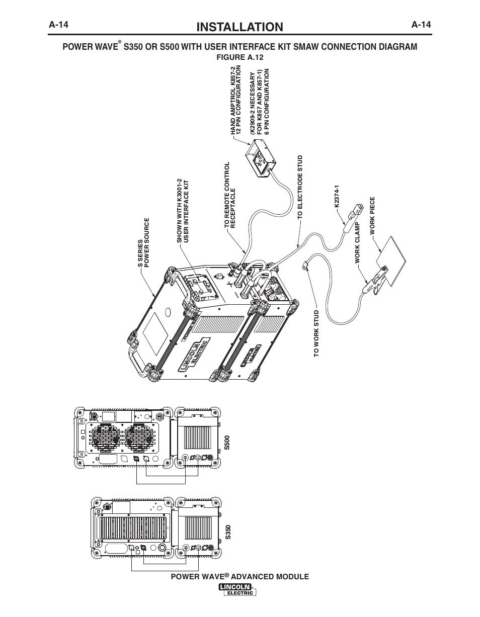 Installation, A-14, A-14 power wave | Power wave, Advanced module, Figure a.12 | Lincoln Electric IM10149 POWER WAVE ADVANCED MODULE User Manual | Page 20 / 46