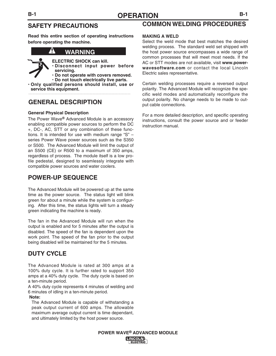 Operation, Safety precautions, General description | Power-up sequence, Duty cycle, Common welding procedures, Warning | Lincoln Electric IM10149 POWER WAVE ADVANCED MODULE User Manual | Page 29 / 46