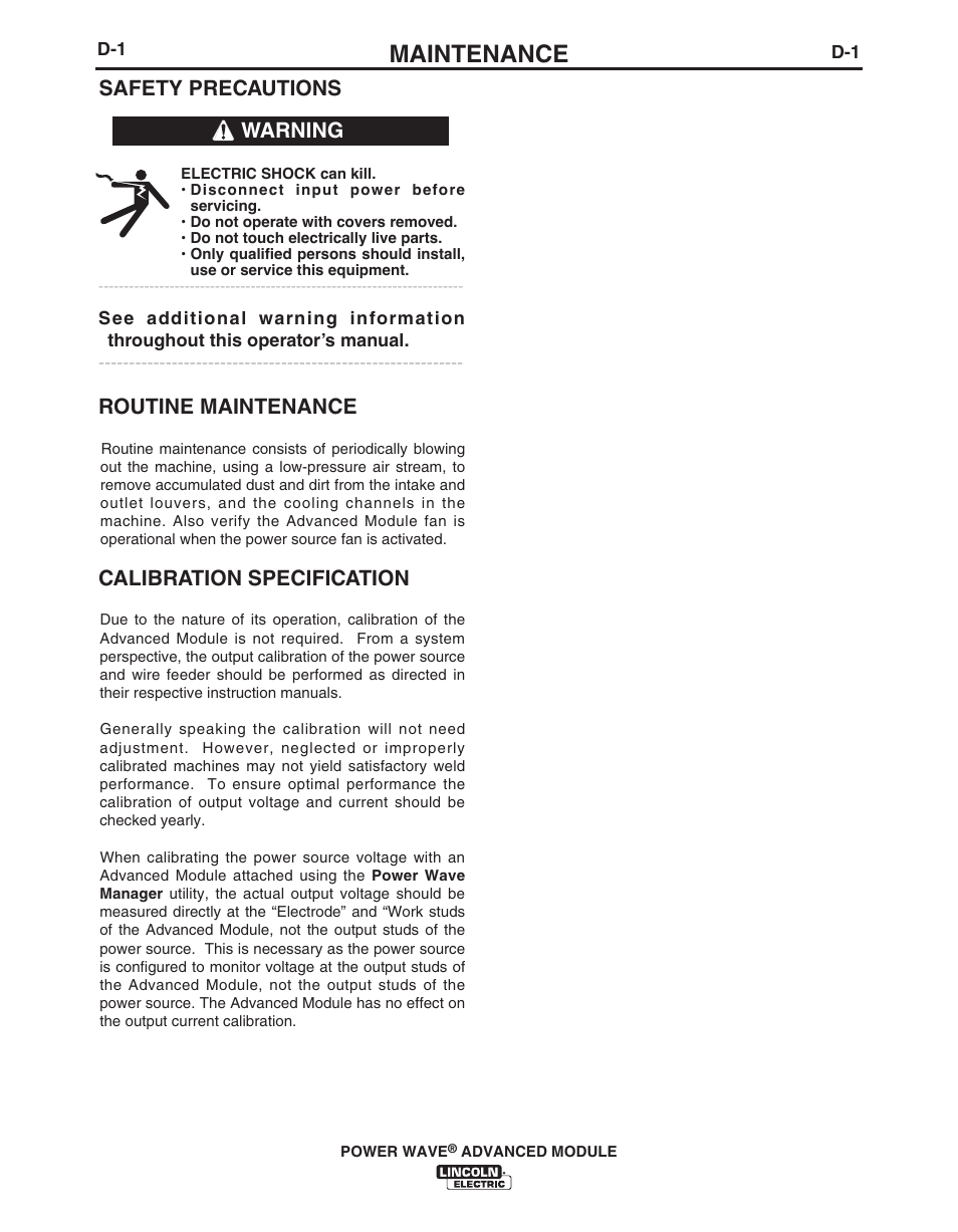 Maintenance, Safety precautions, Routine maintenance | Calibration specification, Warning | Lincoln Electric IM10149 POWER WAVE ADVANCED MODULE User Manual | Page 33 / 46