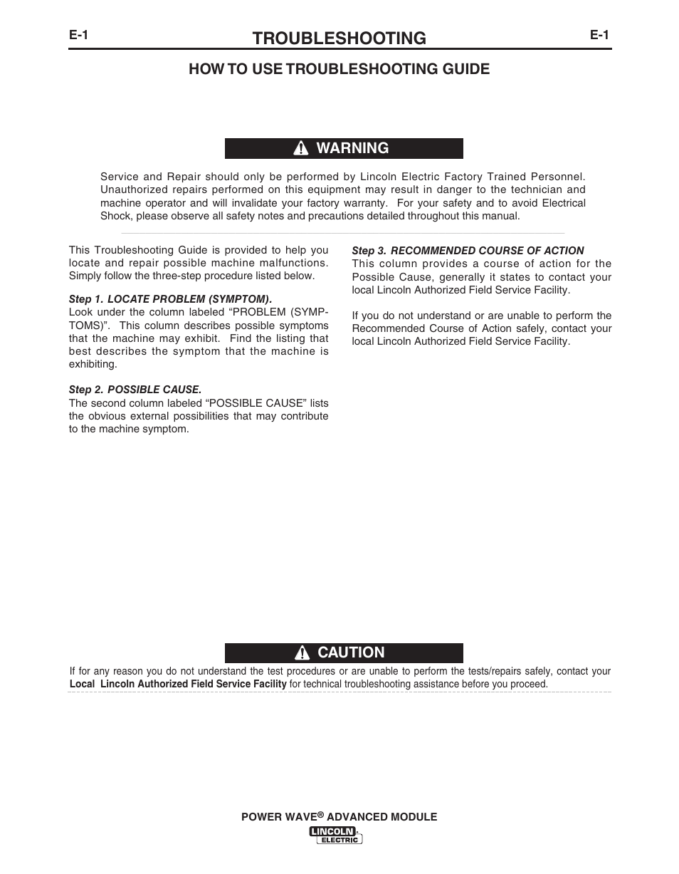 Troubleshooting, Caution, How to use troubleshooting guide | Warning | Lincoln Electric IM10149 POWER WAVE ADVANCED MODULE User Manual | Page 34 / 46