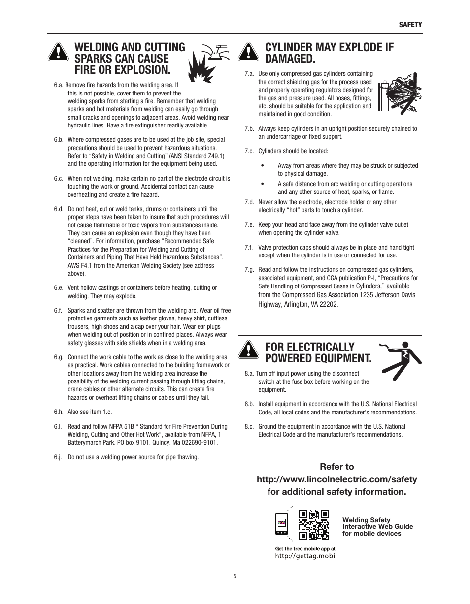 Cylinder may explode if damaged, For electrically powered equipment | Lincoln Electric IM10149 POWER WAVE ADVANCED MODULE User Manual | Page 5 / 46