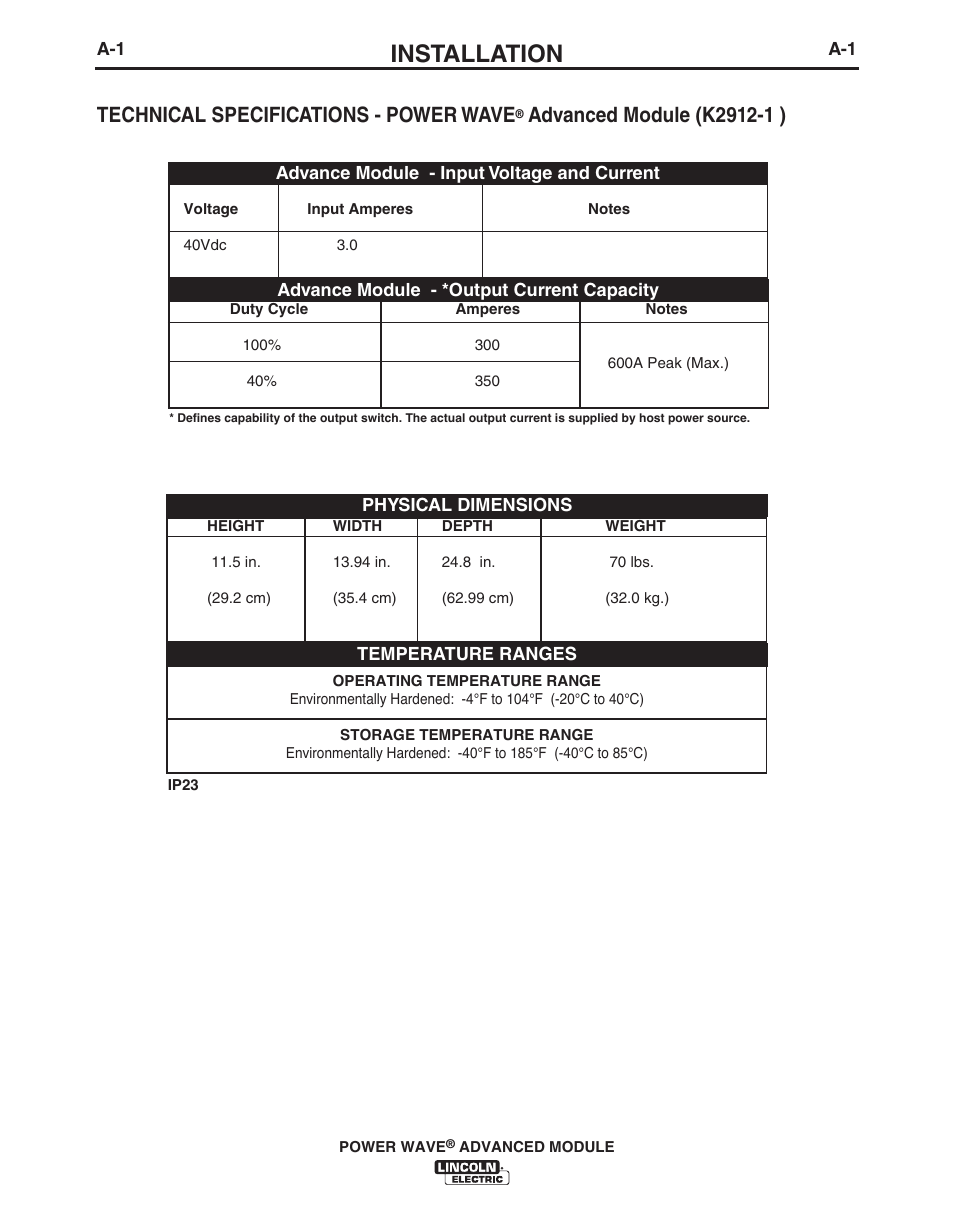 Installation, Technical specifications - power wave | Lincoln Electric IM10149 POWER WAVE ADVANCED MODULE User Manual | Page 7 / 46