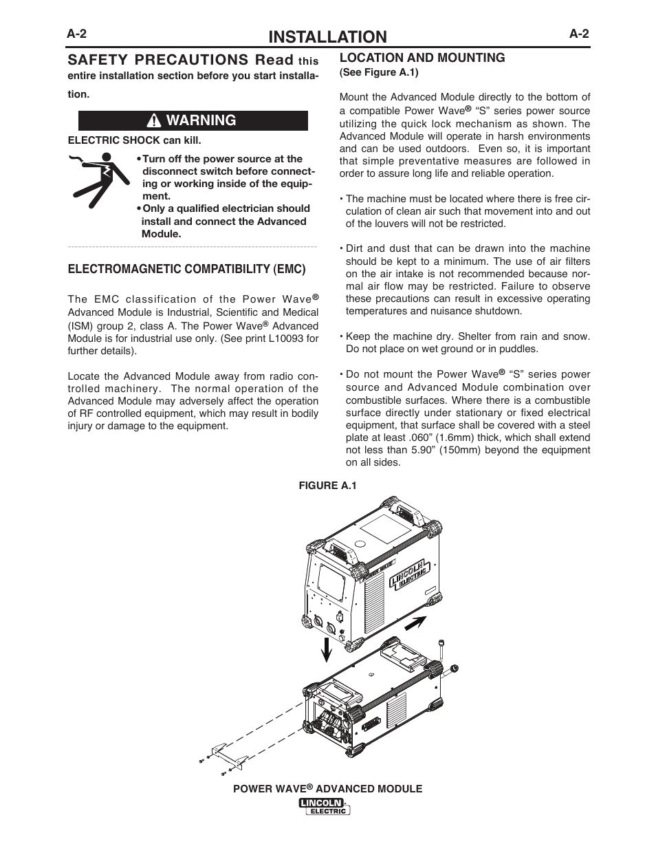Installation, Safety precautions read, Warning | Lincoln Electric IM10149 POWER WAVE ADVANCED MODULE User Manual | Page 8 / 46